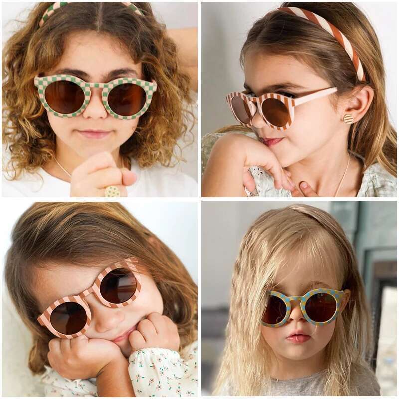 2023 New Kids Cute Checker Panel Color Round UV400 Baby Girls Outdoor Protection Sunglasses Children Sun Glasses