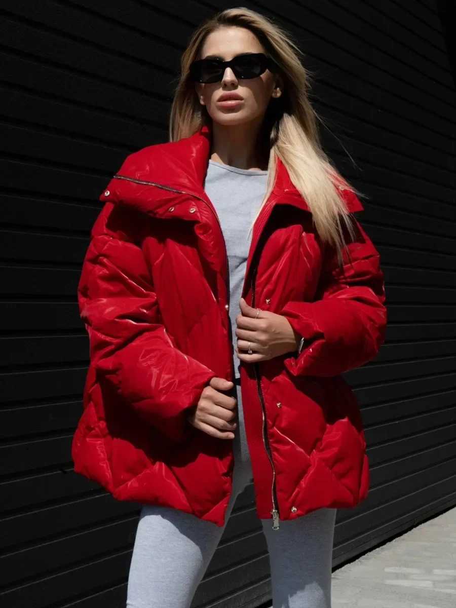 Blubelle Autumn Winter Thicken Warm Cotton Jacket Matte Glossy Lapel Bread Jacket Womens Fashion Loose Casual Cotton JacketT251105