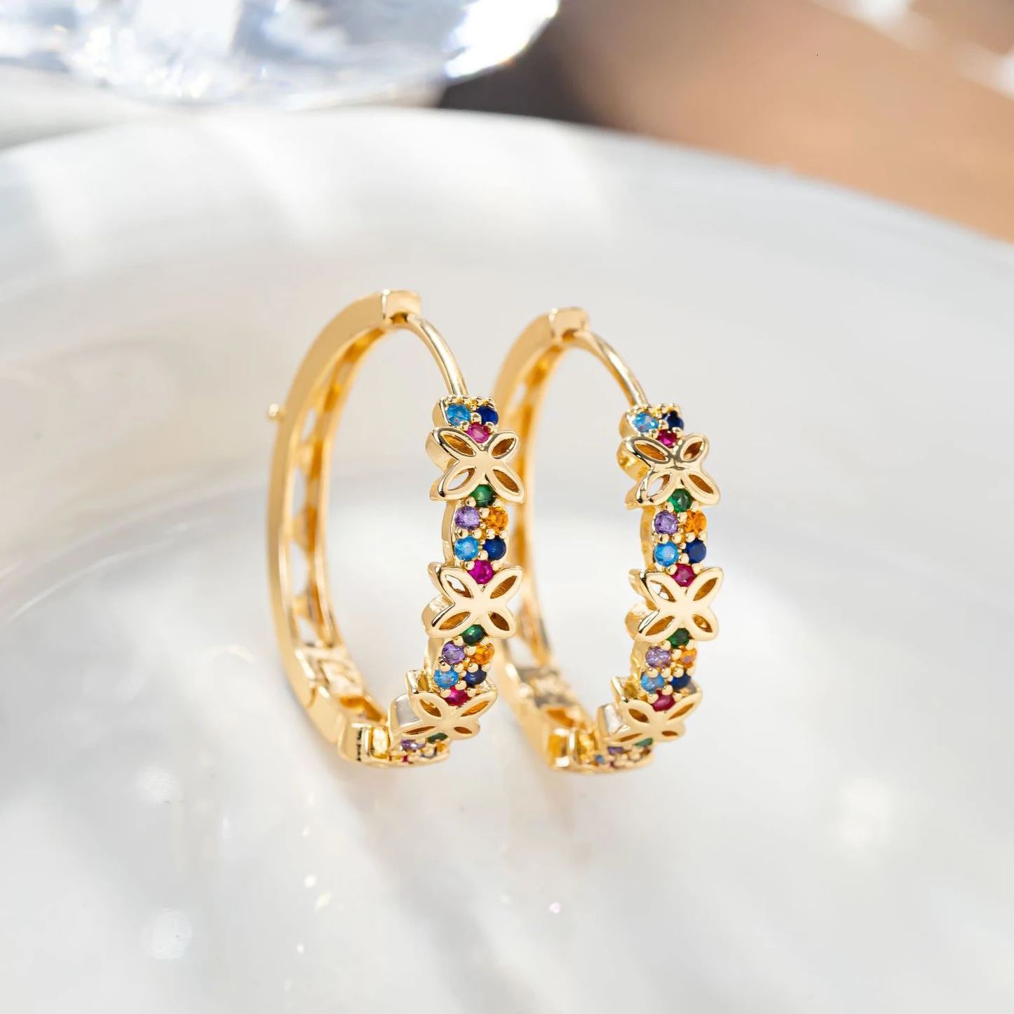 Statement Female Rainbow Flower Zircon Stone Hoop Earrings Glod Color Wedding Jewelry For Women 251131