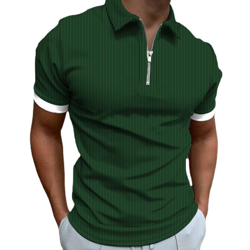 Mens Spring New Mens Casual 3D Printed Collar Short Sleeve Zipper Polo Mens T-shirt Top
