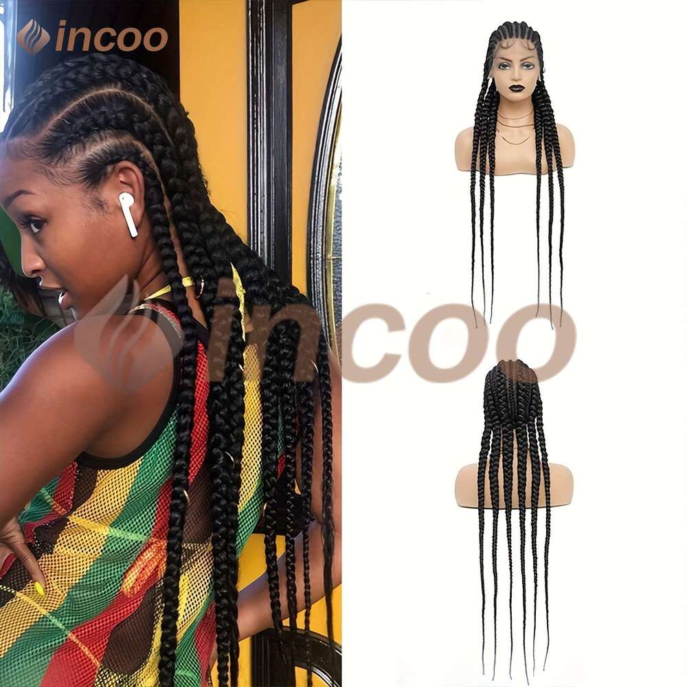 36 Inches Full Cornrows Braided Wigs Women Lace Frontal Jumbo Faux Locs Box Braids Wig For Daily Use