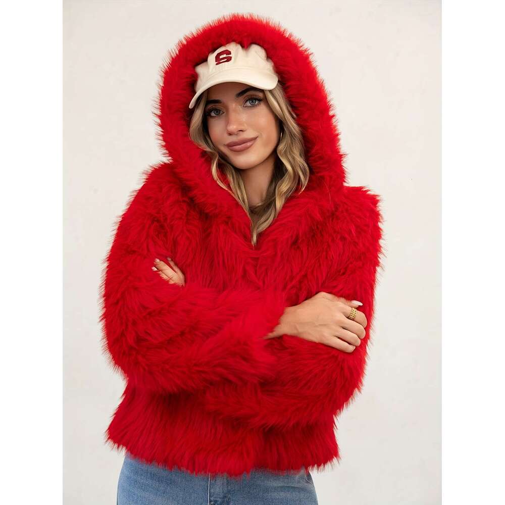 Women's Elegant Red Faux Fur Hooded - Long Sleeve, Button-Up Front, Lined, Perfect For Fall/Winter, Casual Style, Outerwear Fluffy Lined | Button