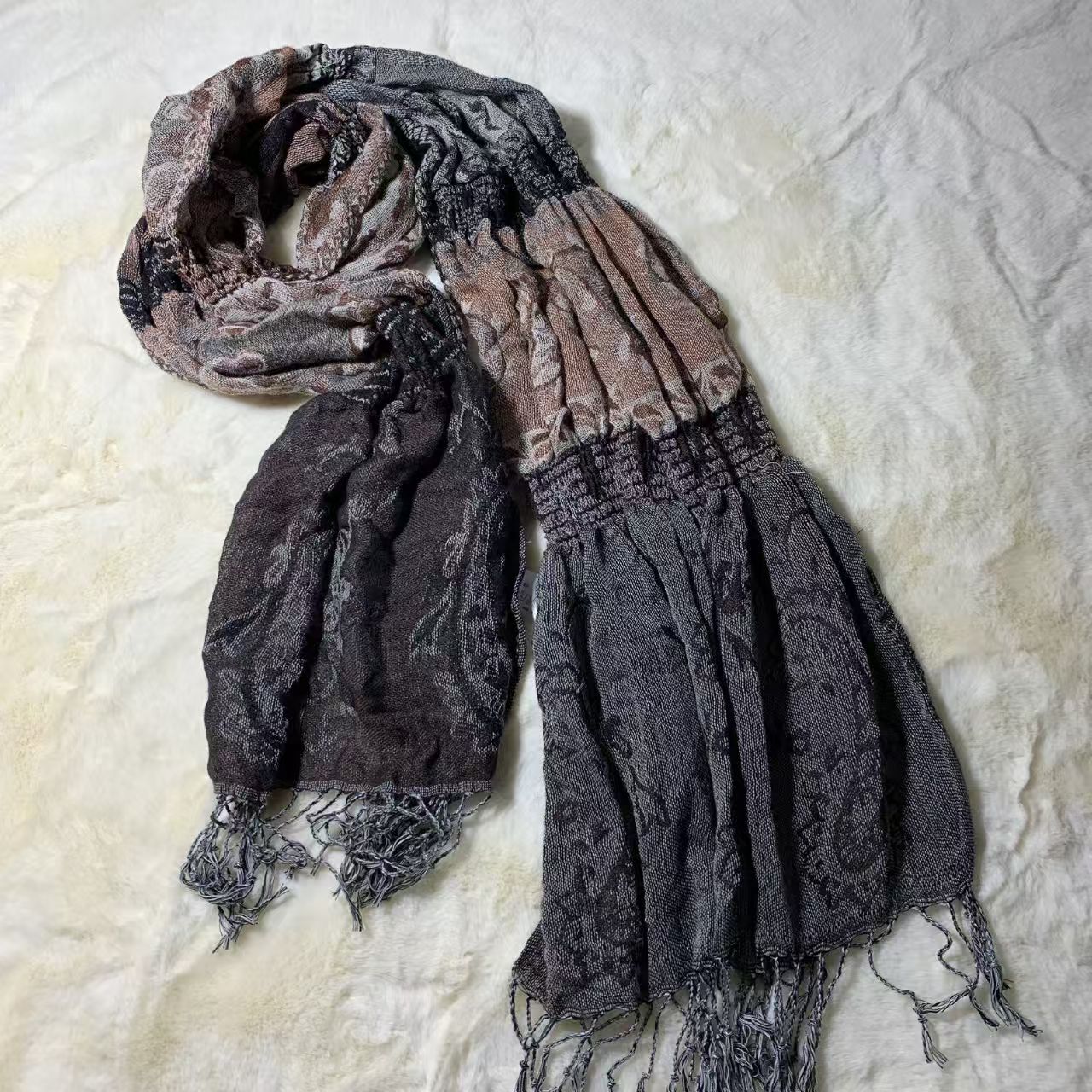 T417 new autumn and winter all-match ethnic cashew silk scarf tassel bubble scarf cotton and linen scarf