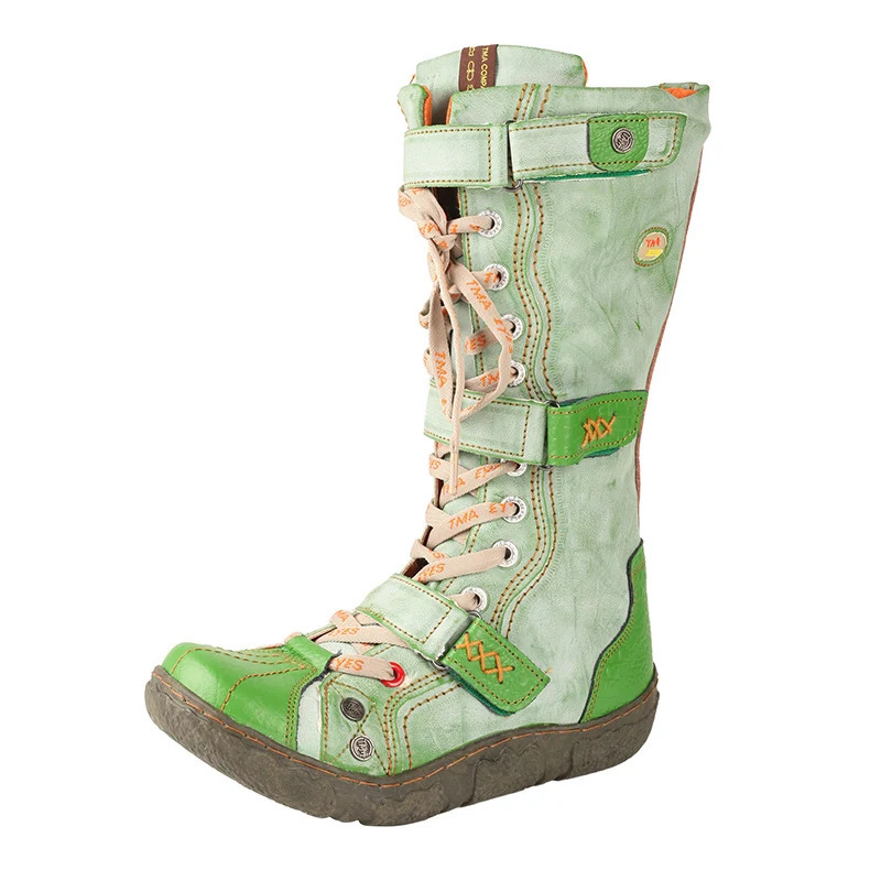 TMA EYES Strape-Accent Washed PU Leather Flat Winter Warmth Womens Boot With Plus Size251105