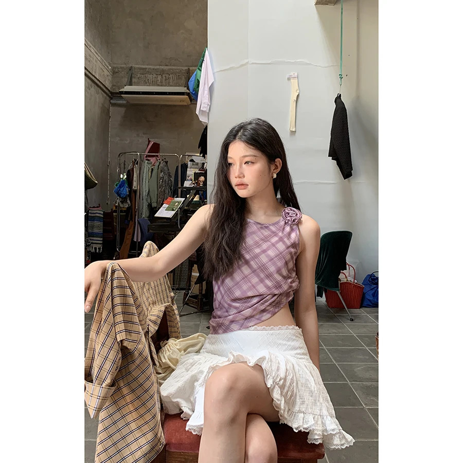 Tongirls Harajuku retro mesh top sleeveless plain weave patterned vest Y2k retro vest streetwear Korean summer vest 250402