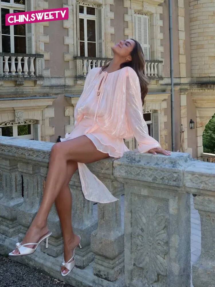 winter jacket women Elegant Pink pleated Mini Dresses Women A-line Bubble sleeve Lace Up Party Short Vestido New Dinner Lady Night Summer Gown