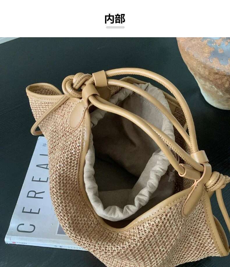 French Lazy Wind Summer Vacation Travel Beach Tote Medium Natural Raffia Straw Yarn Knitting Women Armpit Shoulder Bag