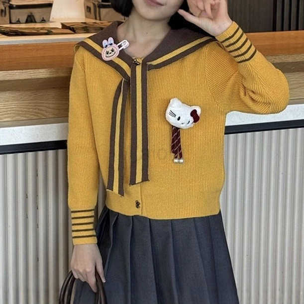 Sanrio Childrens Sweater 2025 Girls Winter New 3598KT Cat Big Kids Korean Style Simple Navy Wind Sweater Cardigan H251105