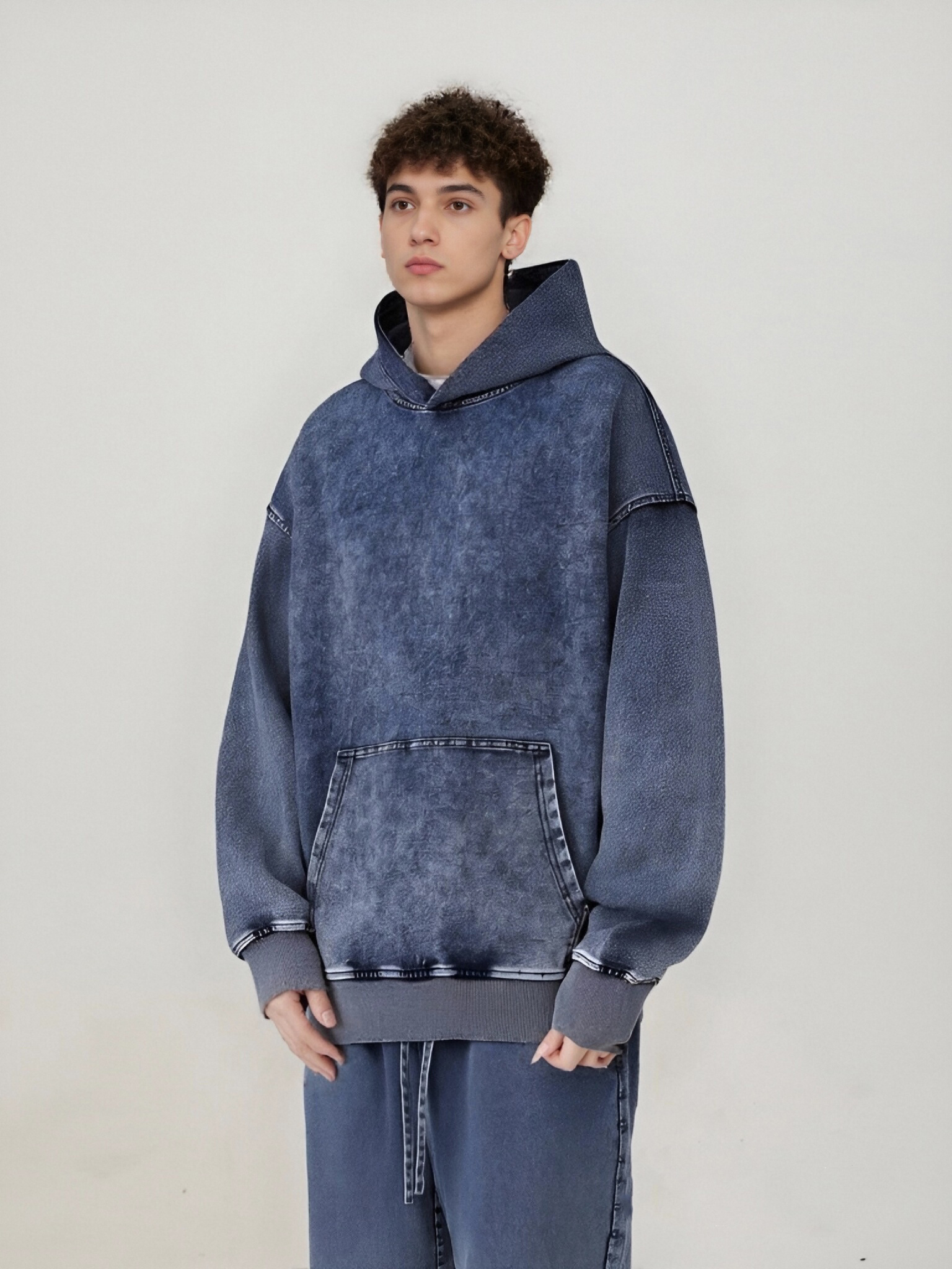 BLNCG Men's Washed Distressed Hoodie, Retro Style Pullover, Customizable, 3 Colors for Men & Women-KB-03