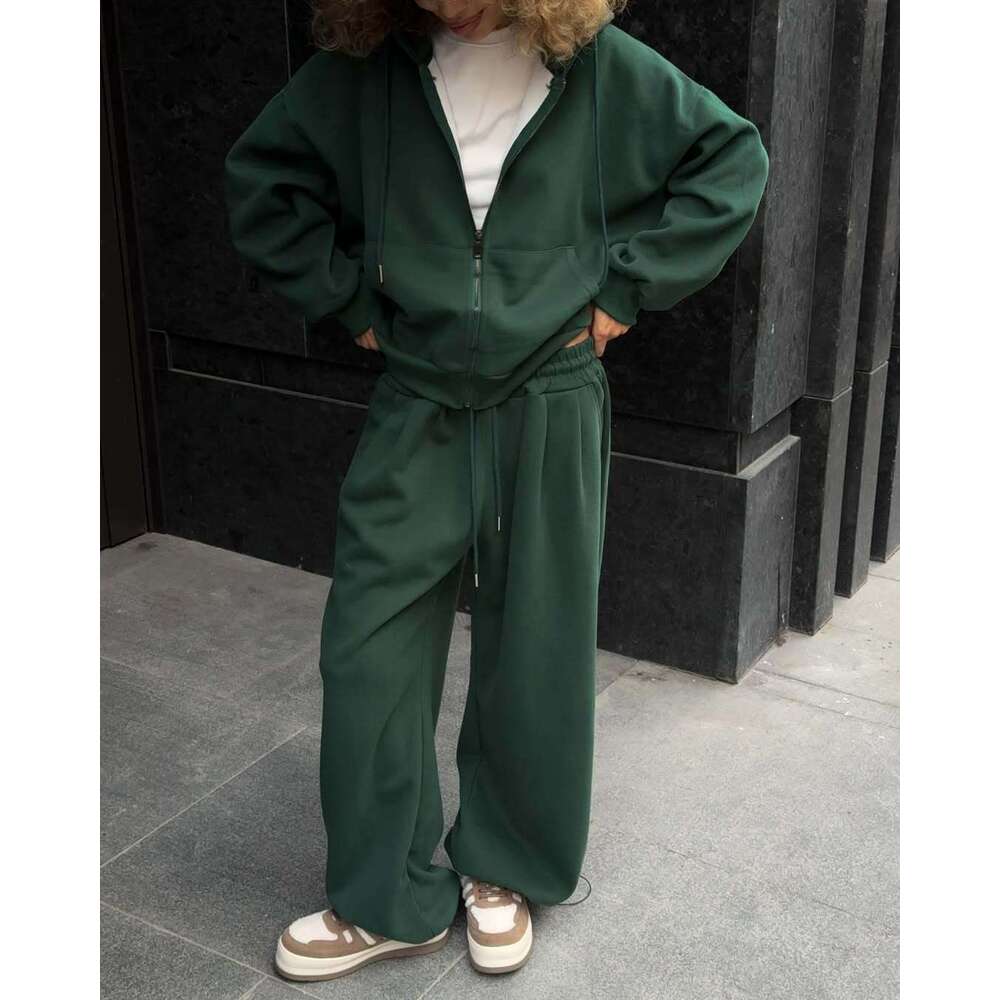 European American Fashion Casual Sleeve Hooded Sports Cardigan And Long Pants Two-Piece Set Women's Autumn Winter Cotton Sweatshirt B5