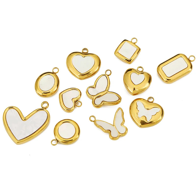 4 pieces of stainless steel natural shell butterfly circular square heartshaped charm necklace jewelry making DIY pendant 250325