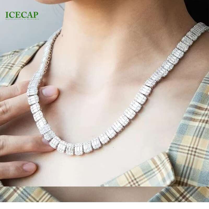 Baguette Cut VVS Moissanite Diamond Tennis Chain Necklace Bracelet for Women White Gold 925 Sterling Silver Hip Hop Jewelry