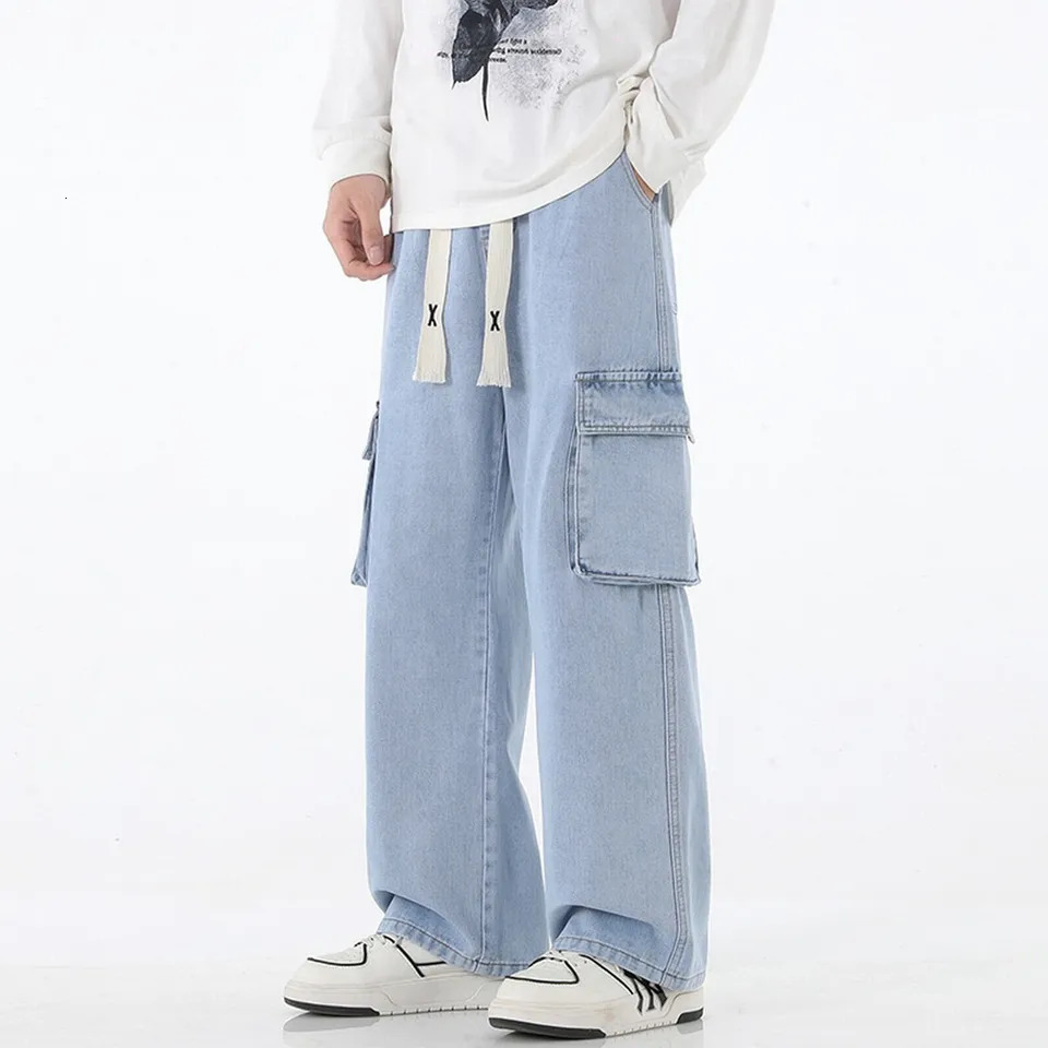 Retro Y2K pocket jeans mens American streetwear straight denim cargo pants solid wash elastic waist Pantalones 250402