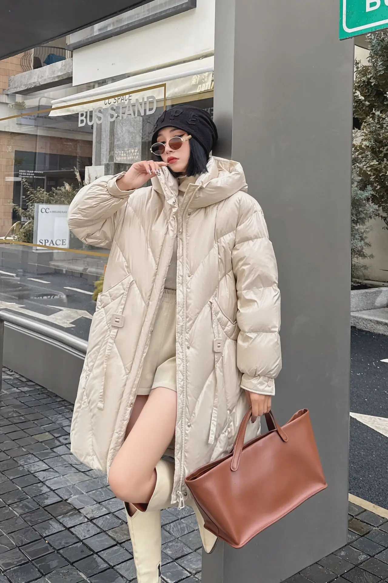 Winter Solid Hooded Mid Length Down Jacket Female Thicken Warm Puff Jackets Women White Duck Down Double Zipper Parker OutwearsT251105