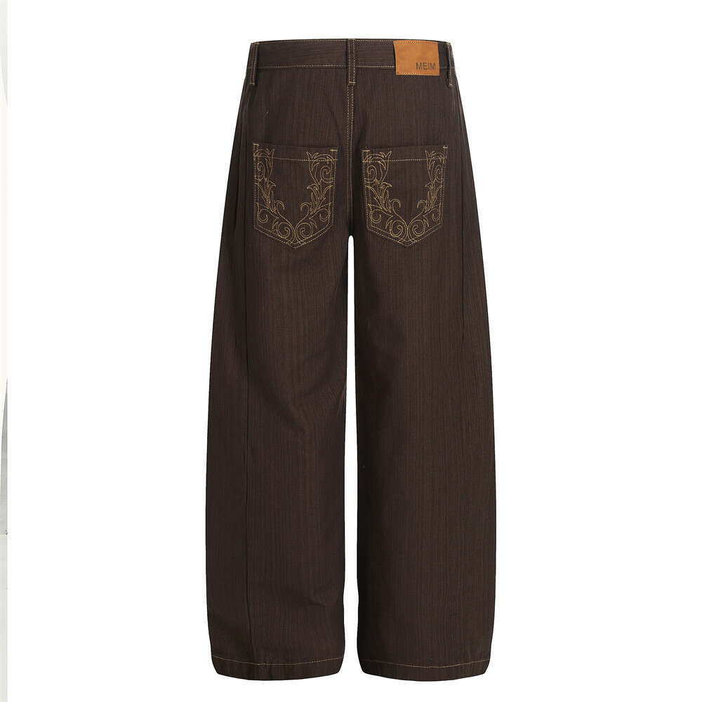 Men's Loose Wide-Leg Jeans Cleanfit Casual Long with Embroidered Pockets Versatile Straight-Leg Pants Trendy