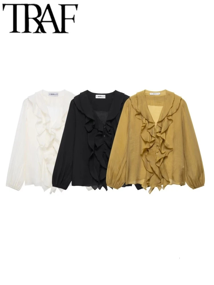 TRAF ROBE Y2K Lightweight Women Casual Blouse 2025 Summer Semi Sheer Tierred Ruffles V Neck Long Sleeve Fitted Shirt Female Top 250402