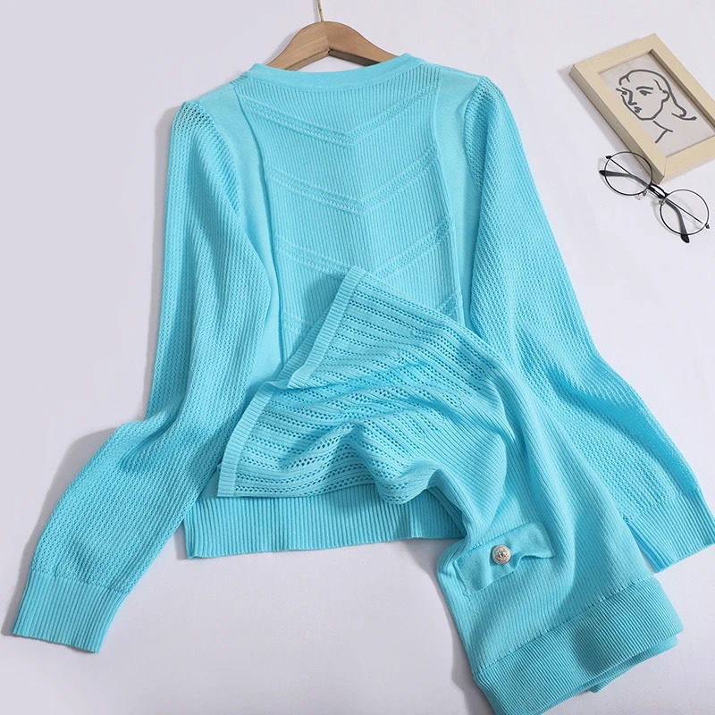 Womens Knitted Hollow two-piece Set O-neck Single breasted Long sleeved Open top Cardigan and High Waist Skiing Set Womens Dress Spring 250401