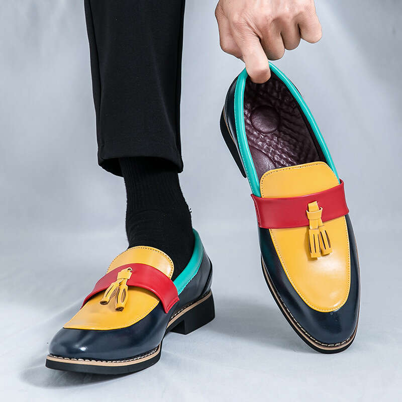 Men's in plus size, new casual leather shoes, fashionable men's foot covers, loafers, trendy color blocking tassel shoes