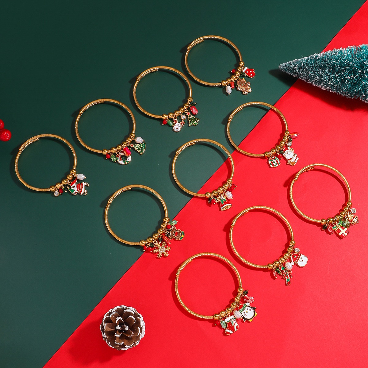 Stainless Steel Bracelet Santa Claus Elk Bell Wreath Bracelet 18k Gold Plated Handmade Christmas Gift