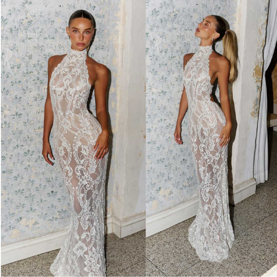 Vintage Halter Lace Wedding Dress Mermaid Elgant Sleeveless Appliques Bobycon Bridal Gown Princess Bride Gown Customized