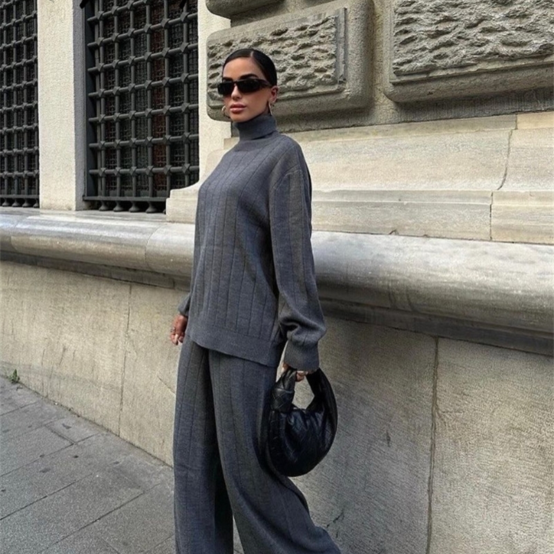 Casual Loose Women Knitted Pant Suits Full Sleeve TurtleNeck Solid Sweater Lady Set Autumn Winter 2 Pieces Set Female 251028CJ