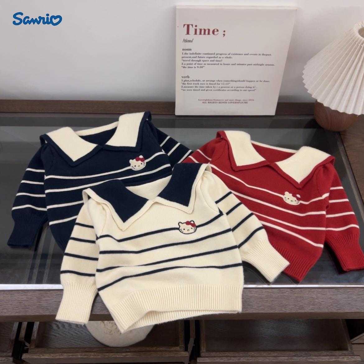 Sanrio Little Five Class Sweater 2025 New Korean Version Childrens Girls Sweater Cartoon KT Cat Striped Turn-down Collar Knitted Trendy H251105