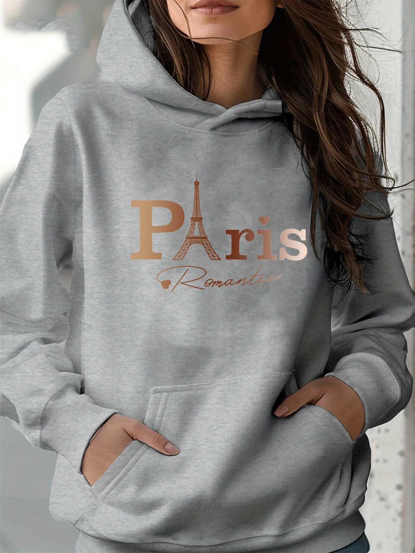 Womens autumn and winter warm and loose casual Paris pattern printed suede long sleeved hooded sweatshirtT251105