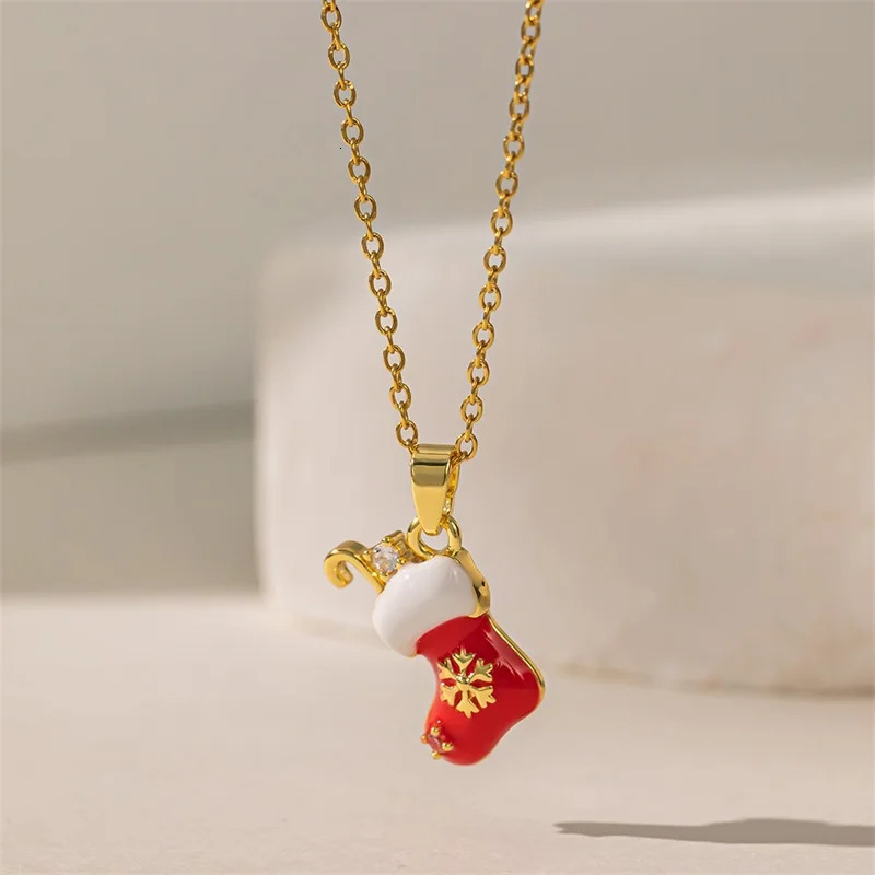 EILIECK Christmas Snowman Hat Gloves Necklace For Women Fashion Stainless Steel Neck Chain Waterproof Jewelry Holiday Gift 251104