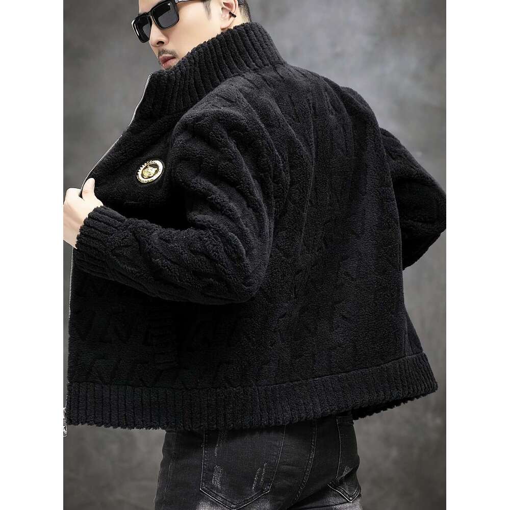 Men's Faux Fur-Lined - Casual Business Style, Warm Slim Fit, Full-Zip With And Ribbed Cuffs For Fall/Winter, Autumn Outerwear Stand Collar Jacket