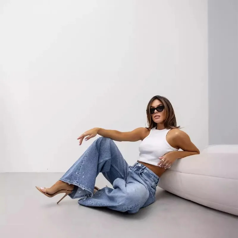 High waisted loose wide leg denim jeans womens holes washed casual straight pair boots strapless 250403