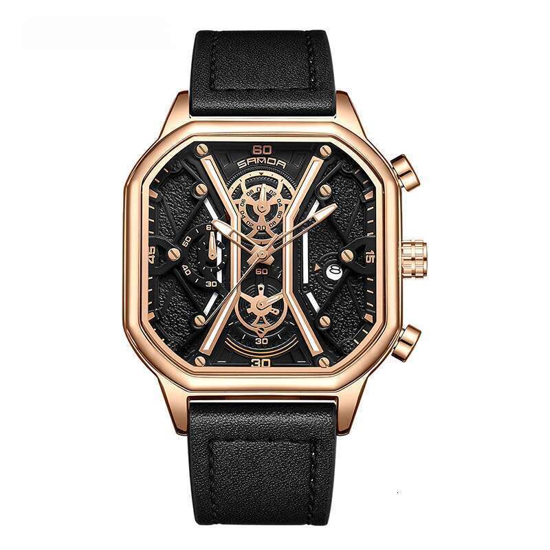 DHwatches Sanda Waterproof Calendar Luminous Three Eyes Six Hands Solid Steel Band Fashion Square Quartz Watch for Men