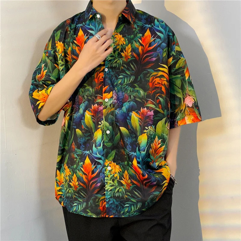 3D printed Hawaiian shirt mens short sleeved tropical Tiki style casual loose beach shirt summer floral Aloha shirt mens 250403