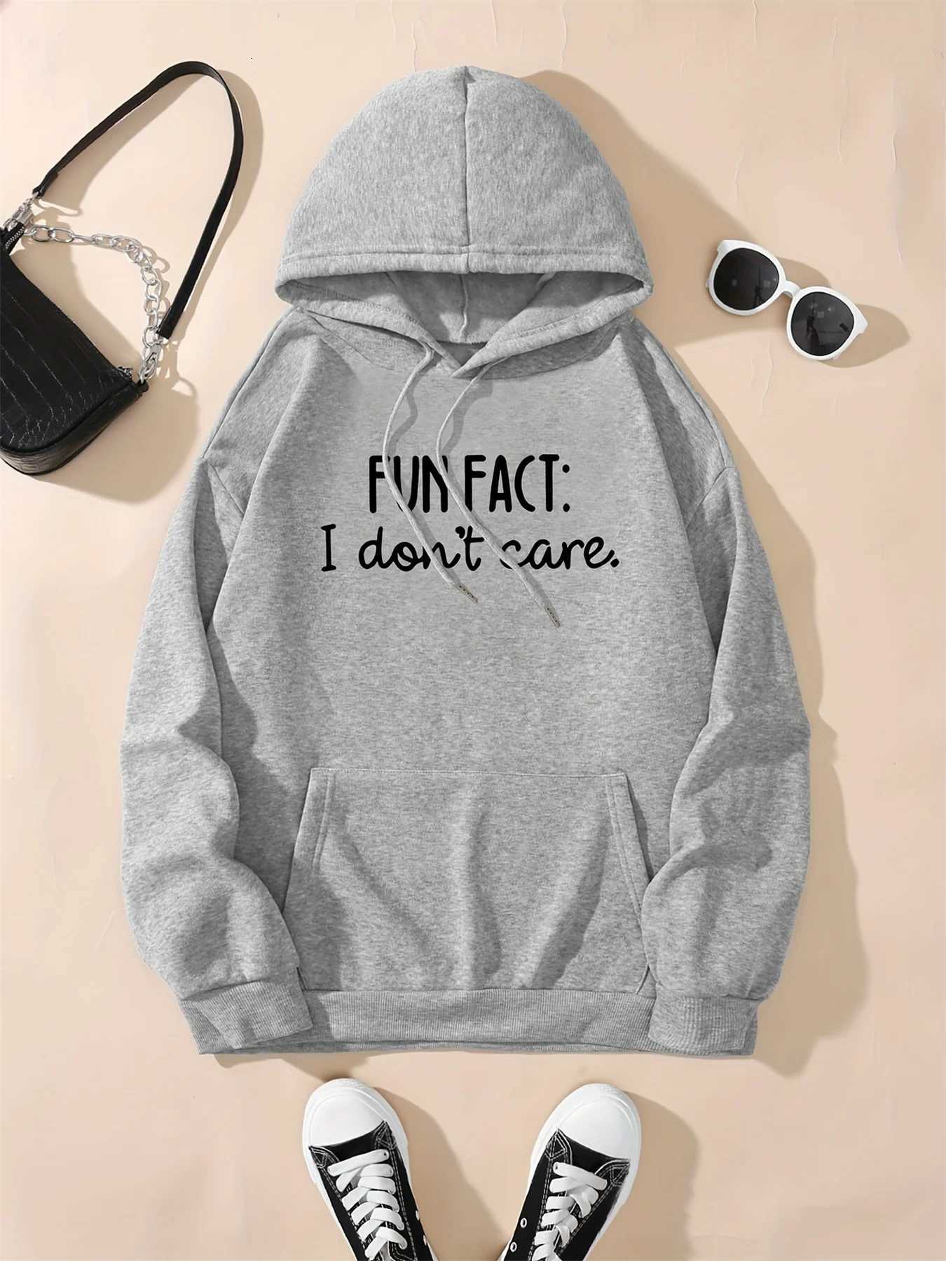 Womens autumn and winter casual loose and comfortable FUN FACT I dont care printed fleece warm long sleeved hooded sweatshirtT251105