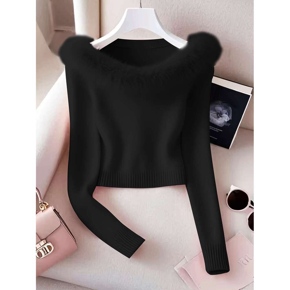 Women's French-Inspired Elegant Off-The-Shoulder Sweater With Faux Fur Trim - Soft Pink Long Sleeve Top, Medium Stretch For All-Season Casual & F