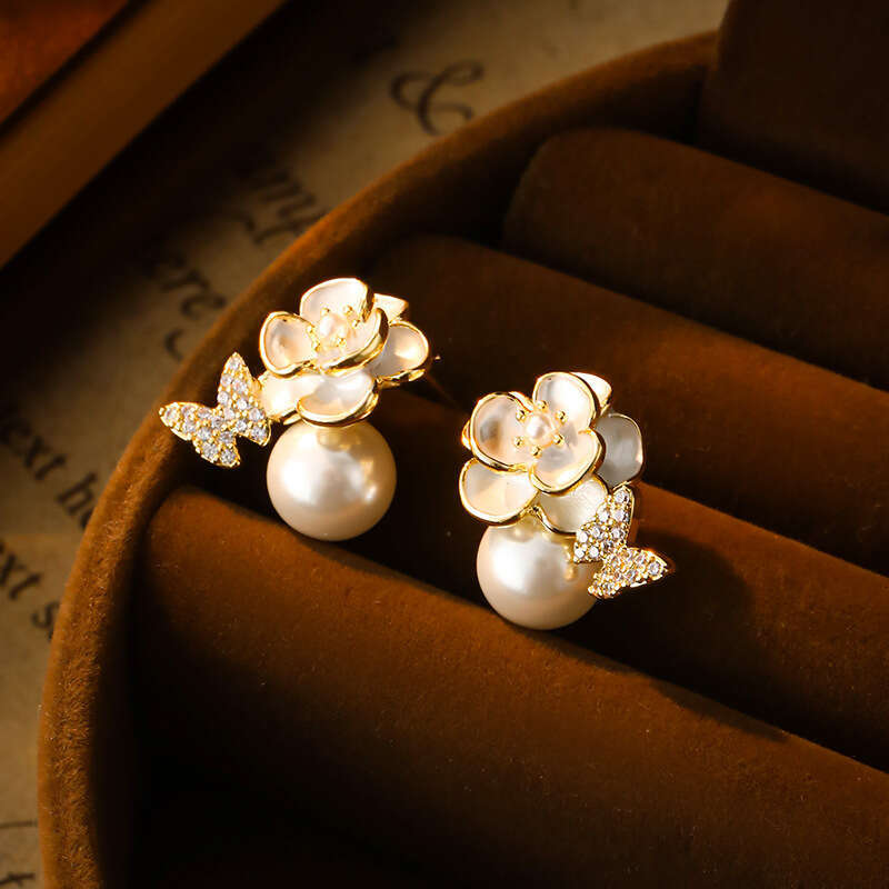 Fashionable High-end Glass Pearl Earrings Micro-inlaid Butterfly Enamel Camellia Design Studs Exquisite Light Luxury Ear Jewelry