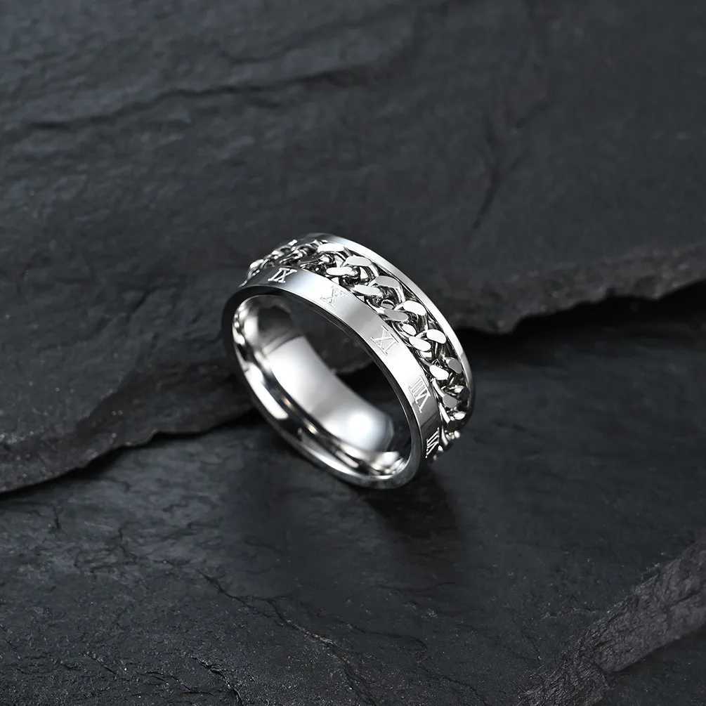 Roman Numerals Stainless Steel Chain Rotating Anxiety Black Rings For Men Fidget Metal Spinner Knuckle Ring Anillos De Hombre Z250407