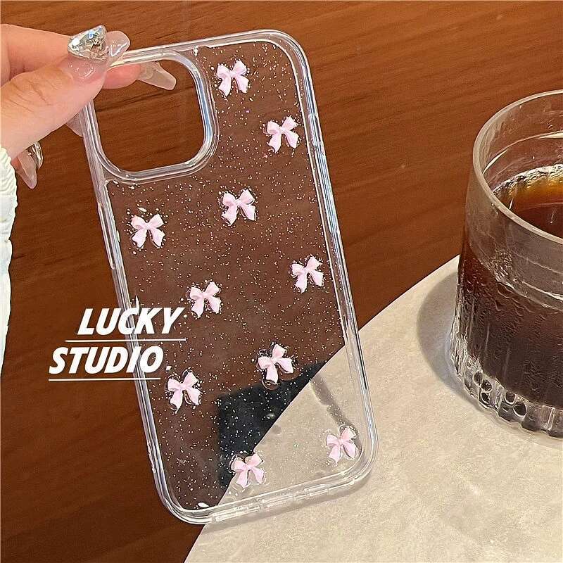 Cute Pink Bowknot Phone Case For iPhone 16 15 14 13 12 11 Pro X XS Max MiNi Plus Korea Girl Soft Cover Epoxy Glitter Shell