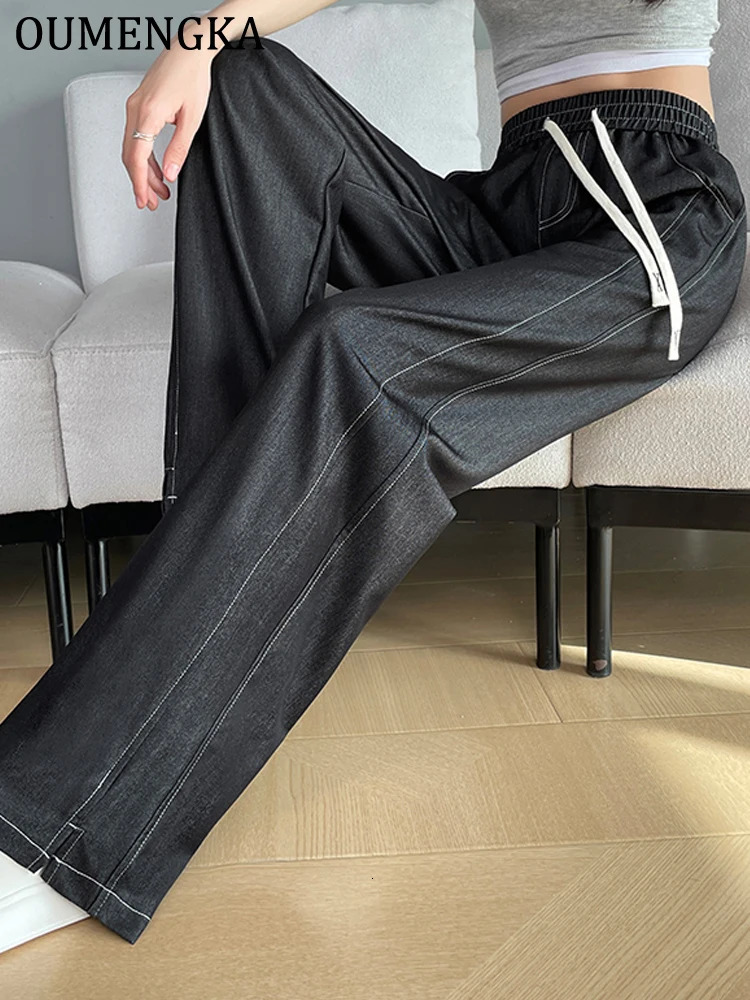 Oumenka highquality womens elastic band washed pants fashionable and sexy mens straight leg jeans 250403