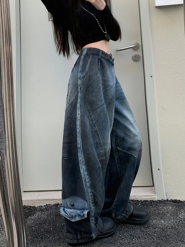 Grunge Y2K Street Laundry Blue Pocket Wrinkled Jeans Suitable for Womens Clothing Loose Long Legs Older Ladies Trousers 250403