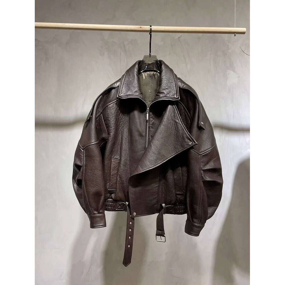 Cross-Border Lamb Motorcycle Loose PU Leather Jacket Oversize New High-End Simple Early Autumn Coat B5