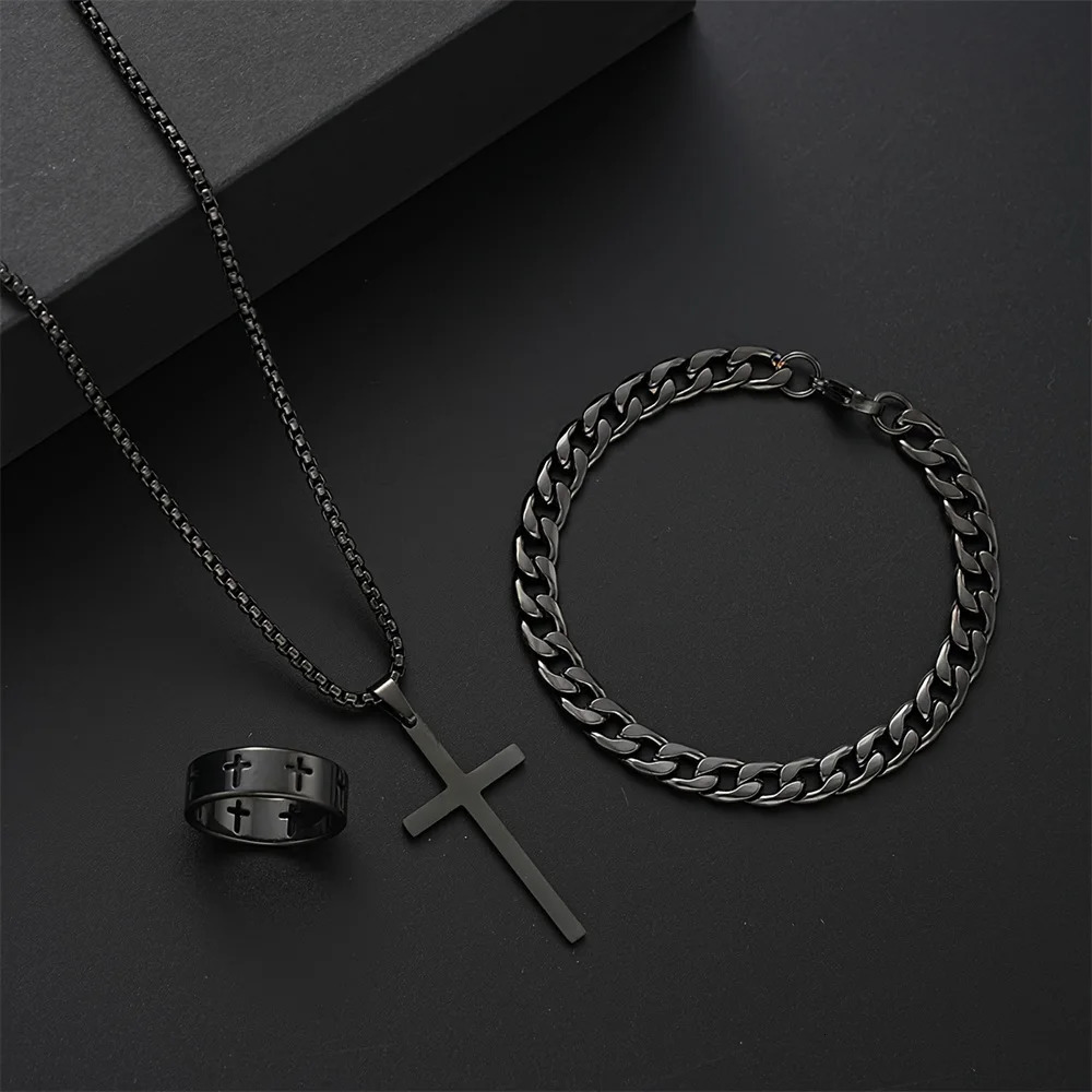 3pcs Set Mens Stainless Steel Metal Cross Pendant Chain Necklace Bracelet Ring Jewelry Male Hip Hop Daily Wear Accessories 251104