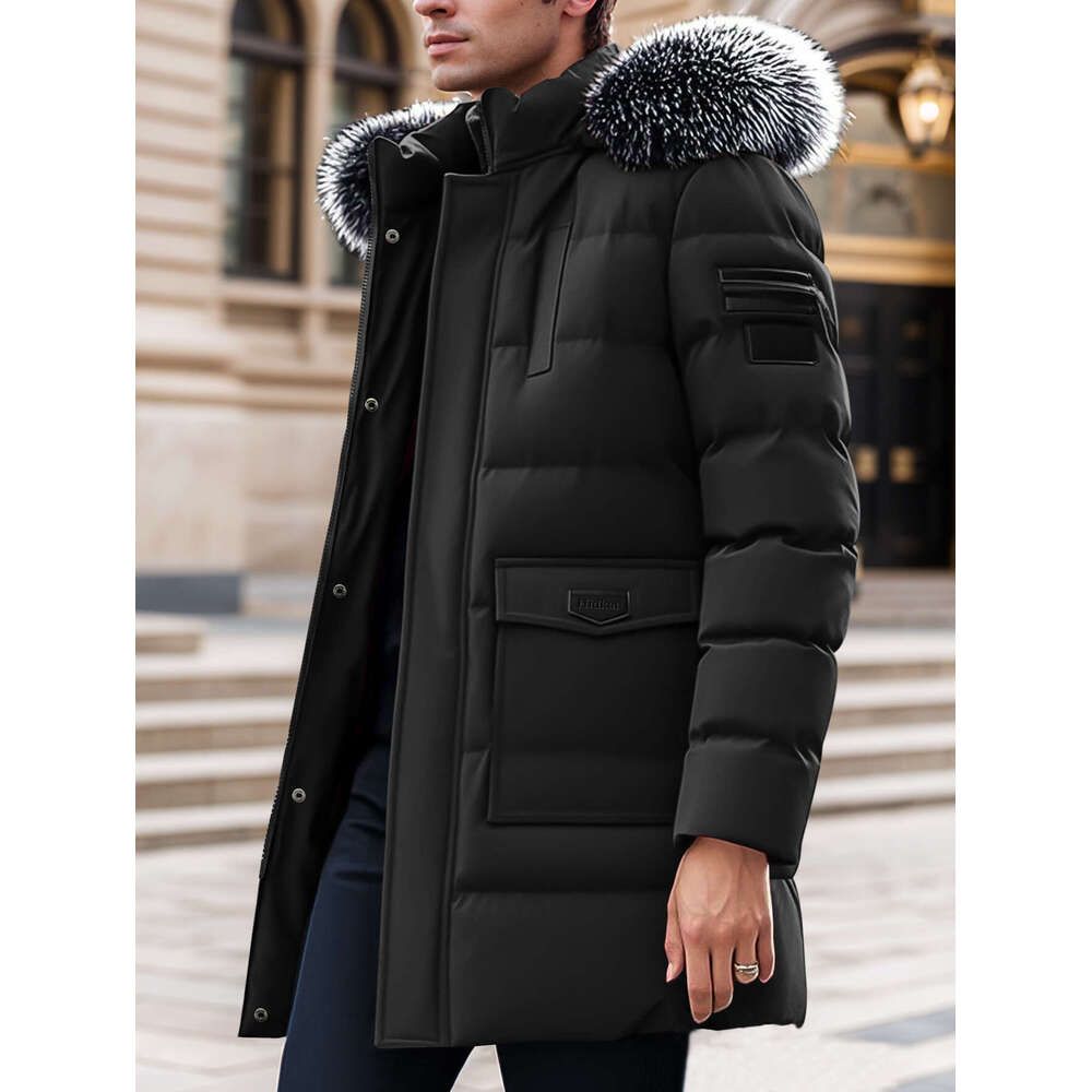 Men's Heavy-Duty Winter Coat, Detachable Fur-Like Hood & Collar, Long Jacket With Large Pockets, Cold-Weather Outerwear For Skiing And Commuting,