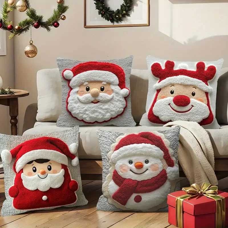 Christmas Cushion Cover 2D Santa Reindeer Pattern Soft Plush Pillow Case Living Room Sofa Decor Plush Pillowcase Christmas Decor Y251105