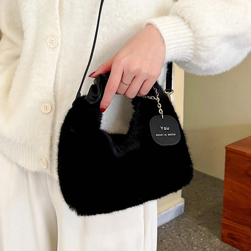 Womens artificial fur plush handbag Ruched handle small womens shoulder cross body bag casual half moon homeless winter 250401