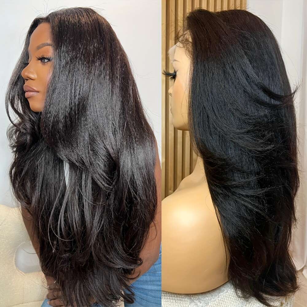 Yaki Straight Human Hair Wig With 13X4 Transparent Lace Front 180% Density Brazilian Hair, Pre-Plucked Natural Hairline, Tiny Knots Shoulder-Length 14