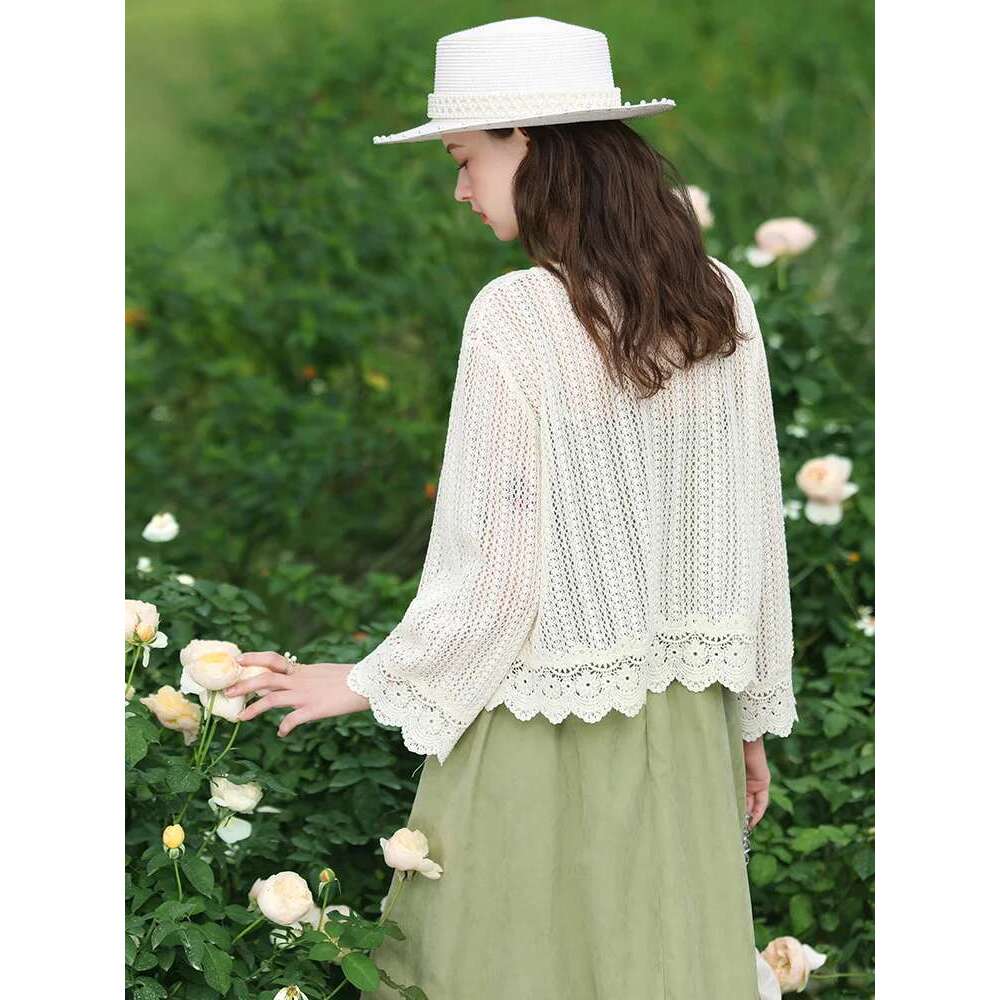 French Women Lace Cardigan Hollow Out Light Small Jackets Summer New Casual Air Conditioning Shirt