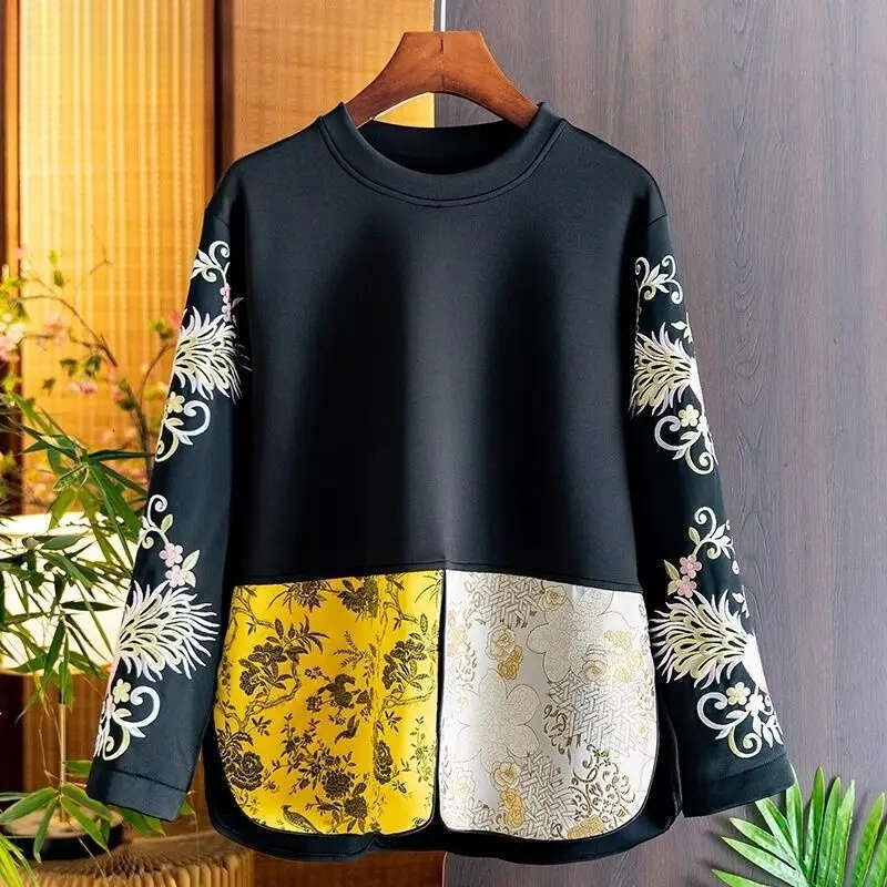 Floral Embroidered Pullover Women Long Sleeve Casual Loose Swearshirts Chinese Style Retro Buckle Tops hoodies women