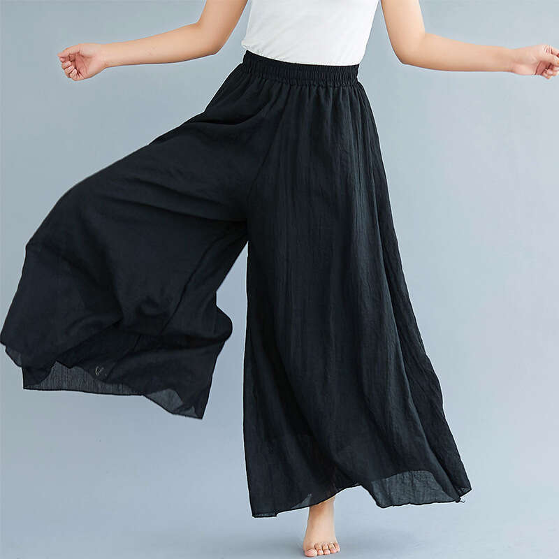 Summer New Mori Girl Artistic Plus Size Cotton Elastic Waist Linen Solid Color Ethnic Style Flared Pants Skirt B5