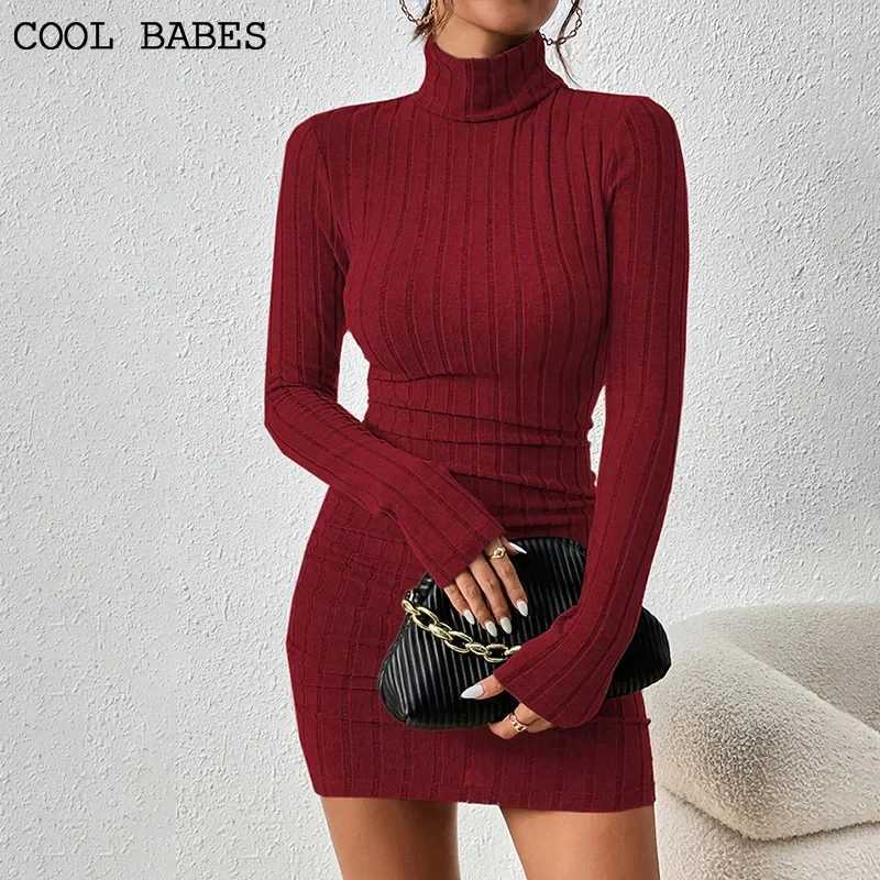 Women Dresses Elegant Party Autumn Winter New Turtleneck Long Sleeves Sexy Sheath Mini Dresses Bodycon Club Knitted Dress J251105
