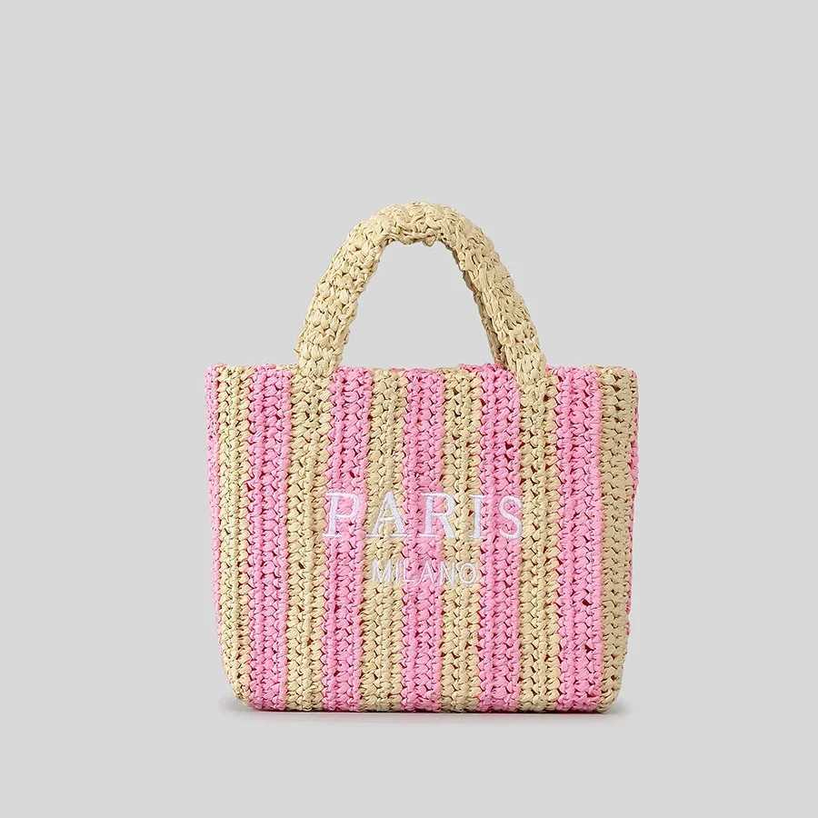 Woven Designer Bags for Women Handbags Summer Striped Straw Bag Candy Color Travel Beach Bag 2024 Handmade Paper Rope Tote Bag H260427